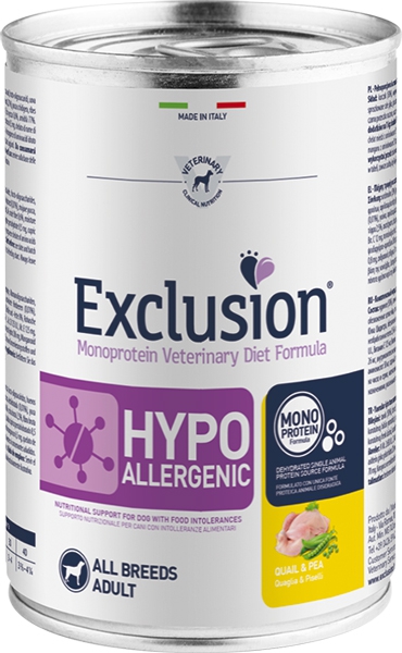 Foto Exclusion - Diet Hypoallergenic alla Quaglia e Piselli da 400 gr