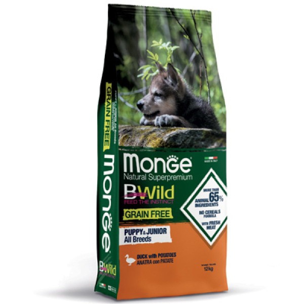 Foto Monge BWild - Grain Free All Breeds Puppy con Anatra e Patate da 12 Kg