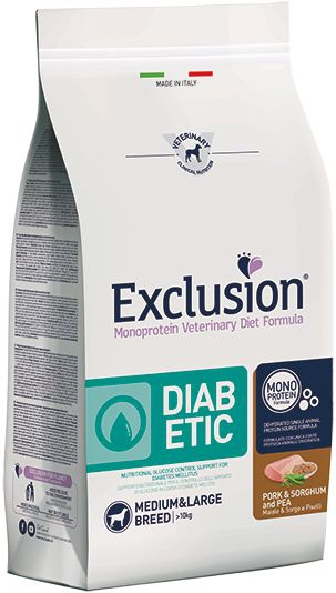 Foto Exclusion - Diet Diabetic Adult Medium/Large al Maiale, Sorgo e Piselli da 12 Kg