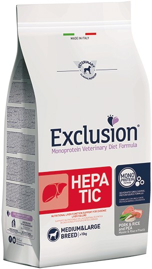 Foto Exclusion - Diet Hepatic Adult Medium/Large al Maiale, Riso e Piselli da 12 Kg