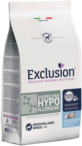 Foto Exclusion - Diet Hydrolyzed Hypoallergenic Adult Medium/Large al Pesce e Amido di Mais da 12 Kg