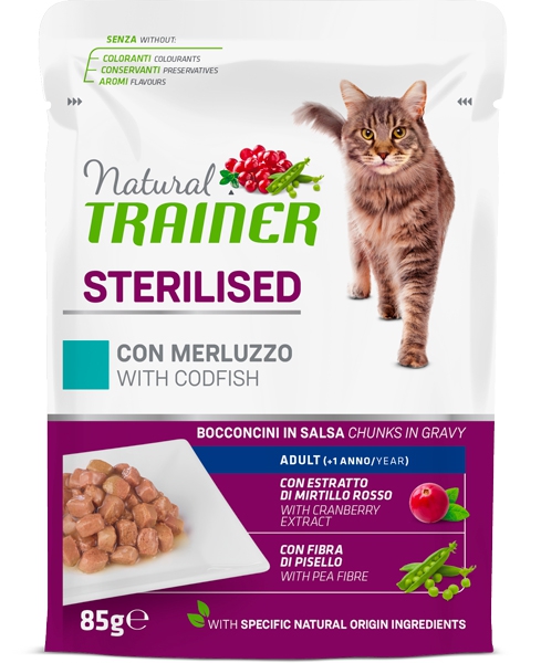 Foto Natural Trainer - Adult Sterilised con Bocconcini di Merluzzo in Salsa da 85g